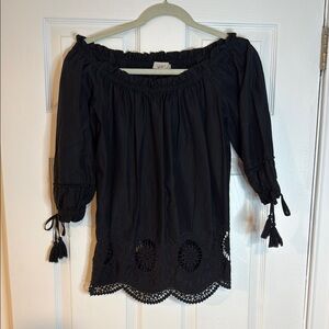 LOFT Black Ruched Blouse with Tie Front
